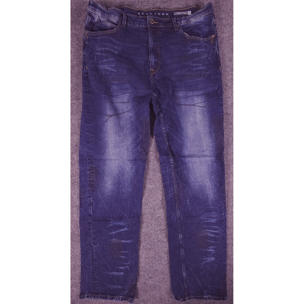 Sean John Jeans Mens 38X34 Blue Dark Wash Hamilton Relaxed Stretch Distressed